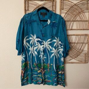 Silk Traders Aloha Hawaiian Shirt Blue Silk Golf Hula Girls Surf Men's Sz XL B45